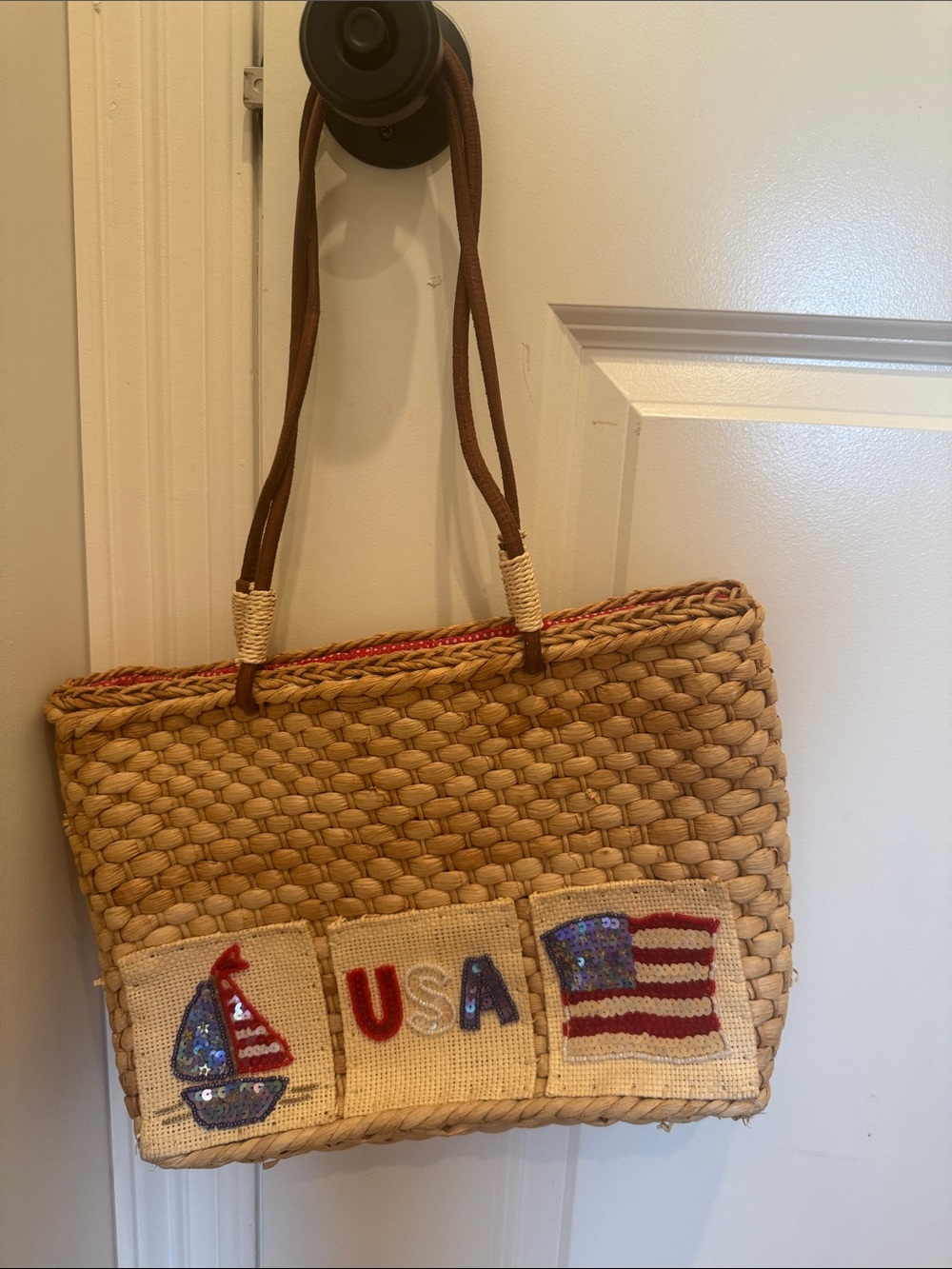 Woven Straw USA Tote Bag with Sequin Flag Accents